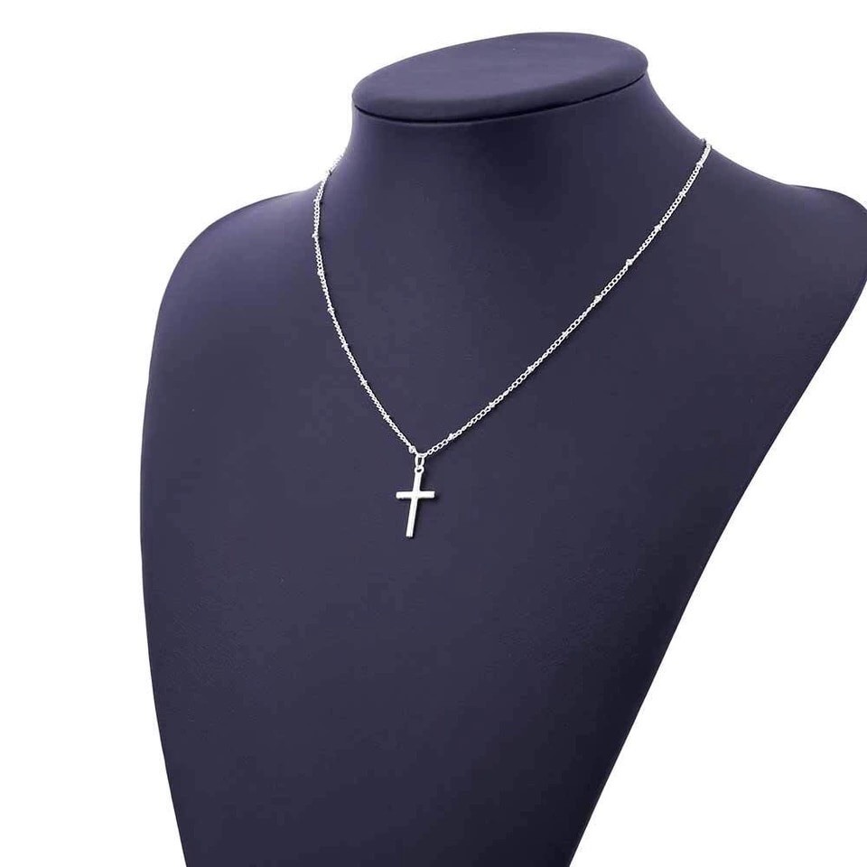 Women Silver or Gold Plated Simple Small Cross Pendant Necklace Beaded Chain N2