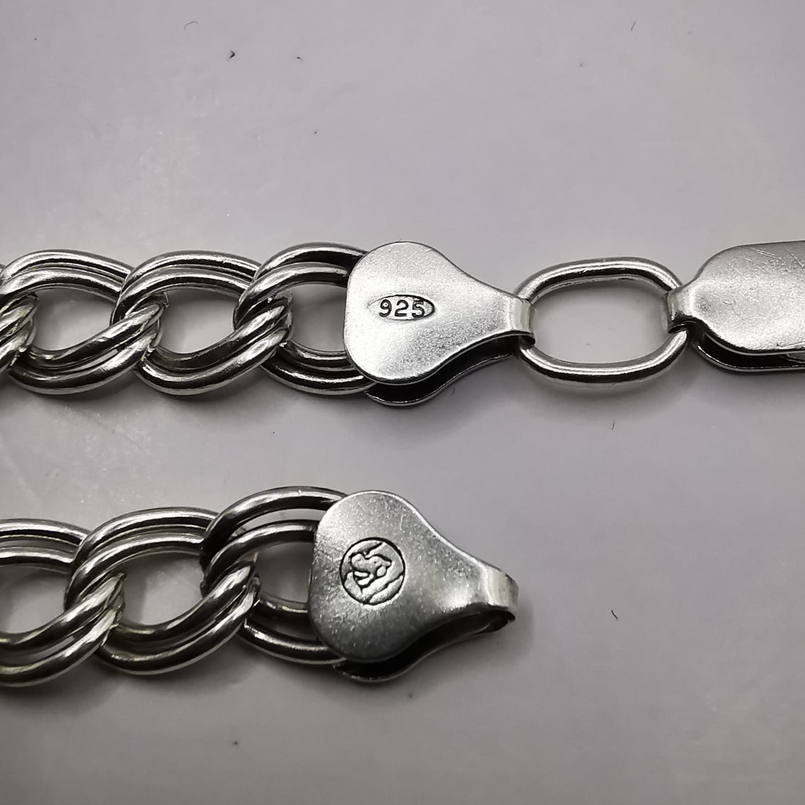 925 Sterling Silver Double Link Curb Charm Chain Bracelet 9.84g Lobster Clasp