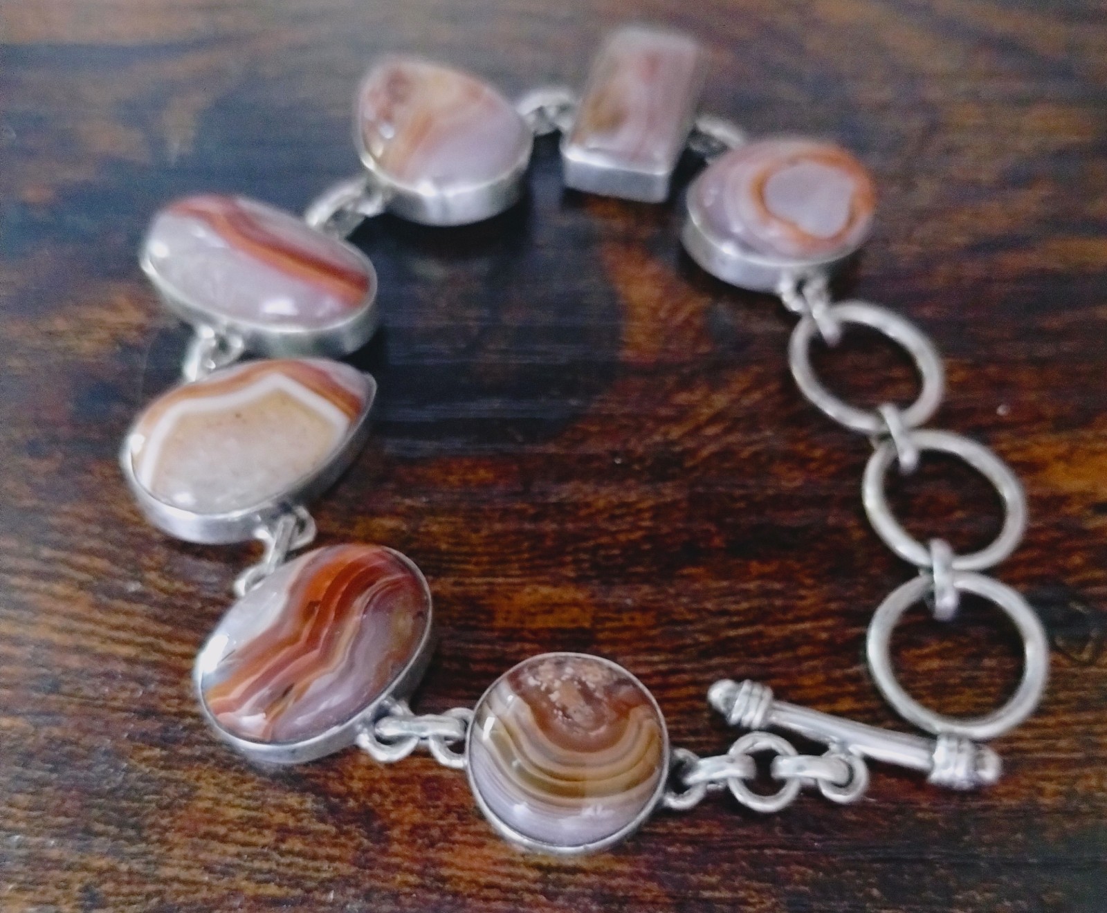 Natural SJ Red Banded Agate Stone Sterling Silver Sajen Toggle Bracelet 7-9in