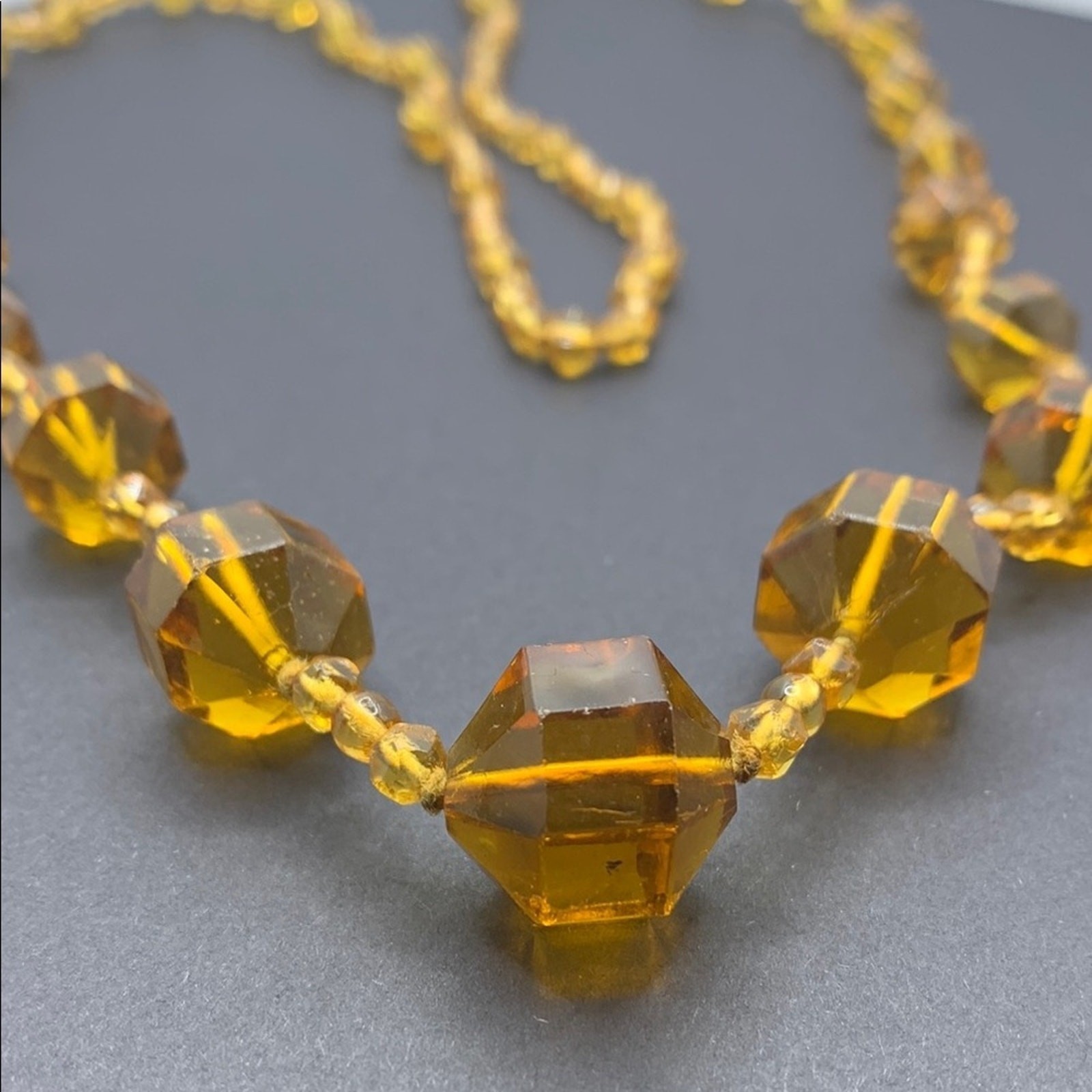 Vintage Glass Beaded Necklace Orange Brown Graduated MCM 32″