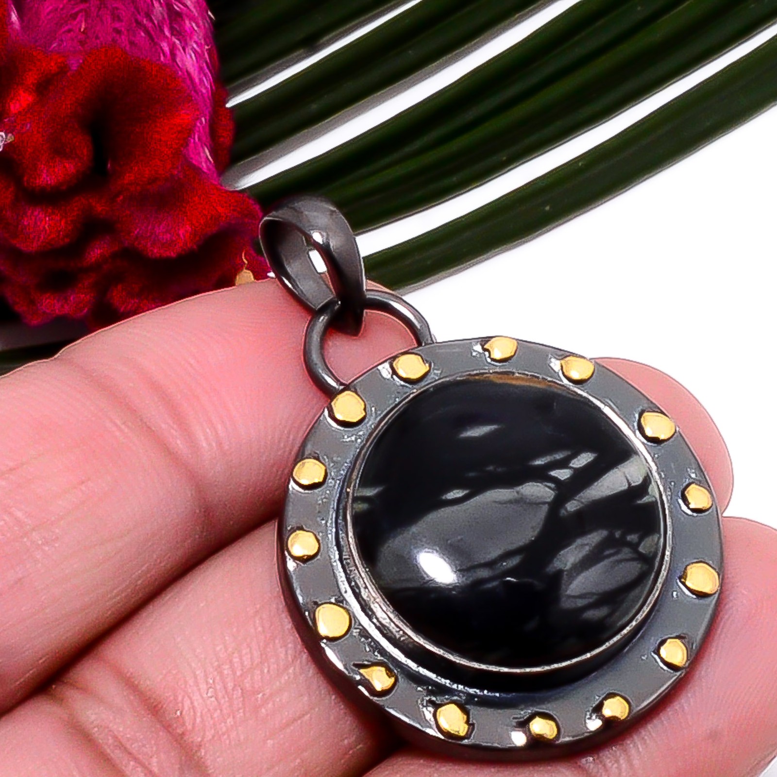 Picasso Jasper – Utah Black & Gold Plated 925 Sterling Silver Pendant 1.64″ Su26