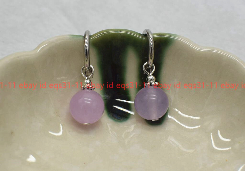 Natural 8/10/12mm Light Purple Jade Round Gemstone Beads Drop Leveback Earrings