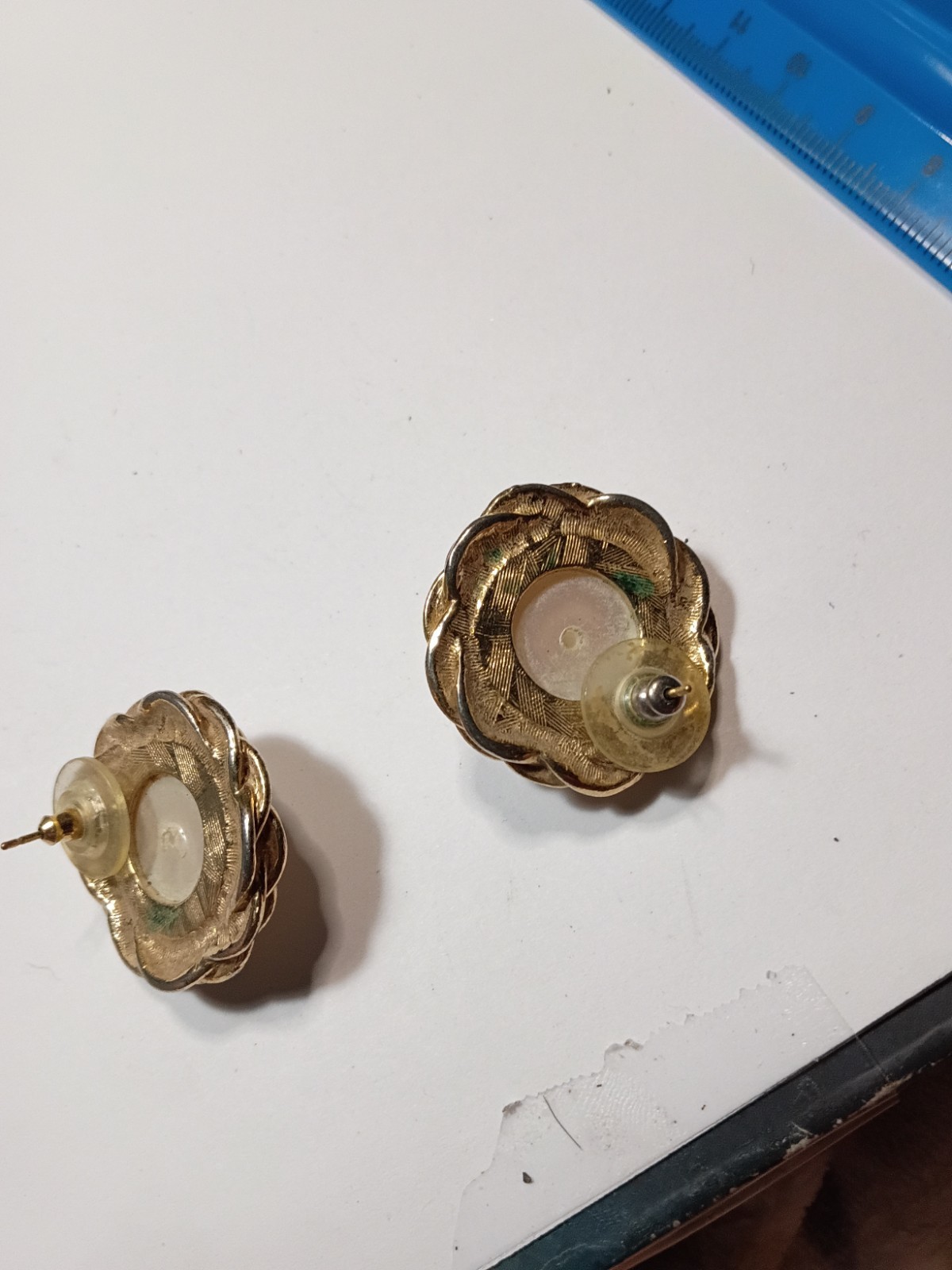 Gold Tone Rope Twist Round Stud Earrings, White Imitation Pearl, Butterfly Back