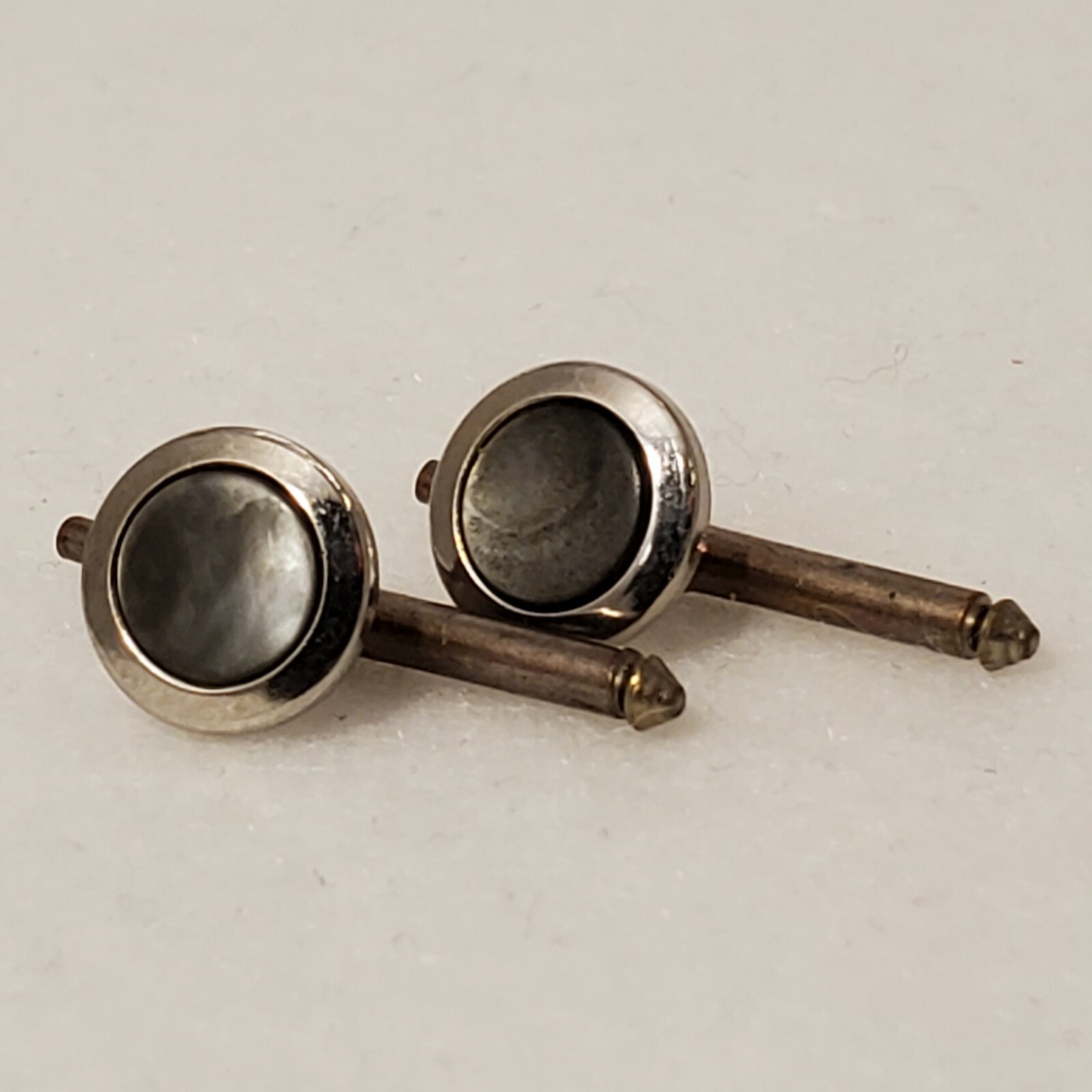 vtg cufflinks round pearlescent stone gray grey pull out pin about 1 inch long