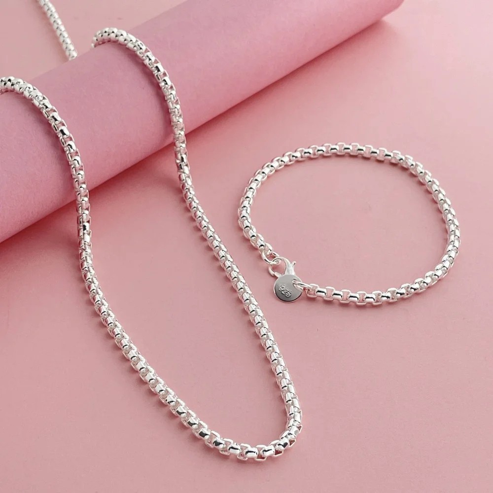925 Sterling Silver Round Box Chain Necklace Bracelet Jewelry Set for Men Women