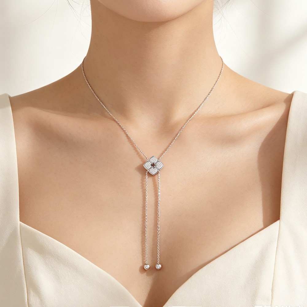 Real Round Moissanite Clover Tassel Pendant Necklace 925 Sterling Silver Chain