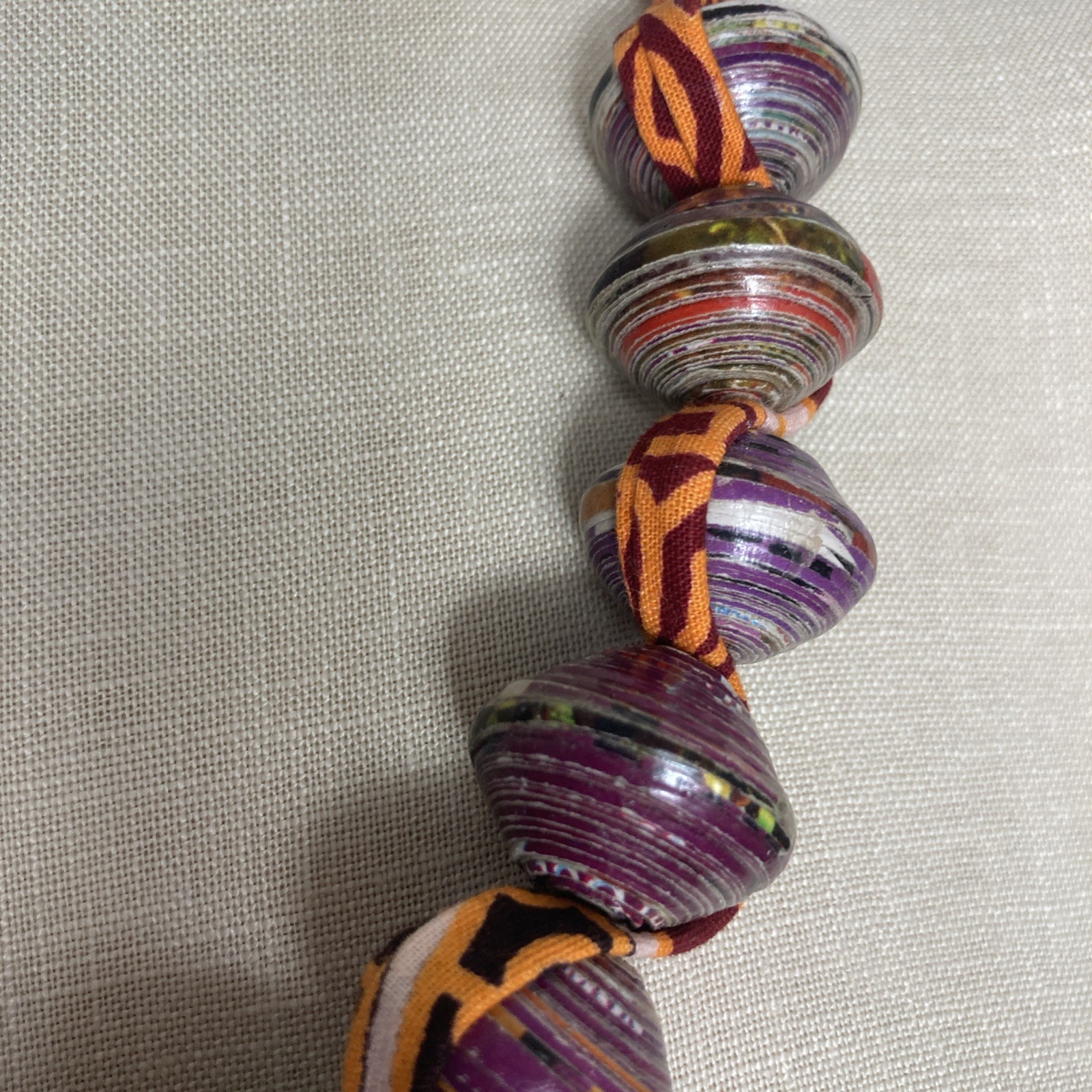 Artisan Rolled Paper Bead Necklace Fabric Chain Purple Orange Chunky Handmade