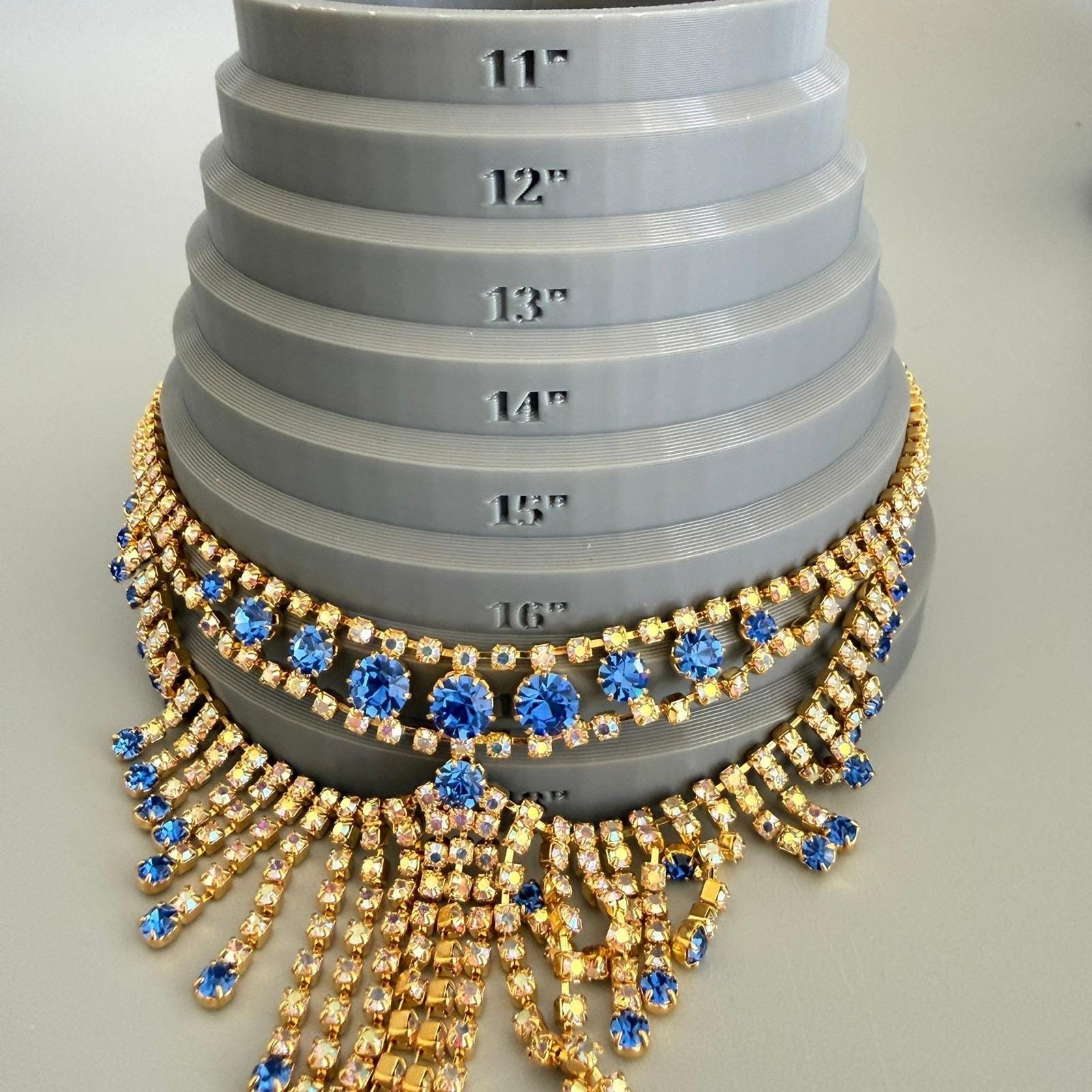 Vintage Blue White AB Rhinestone Bib Necklace 16″ Gold Tone Statement Cocktail