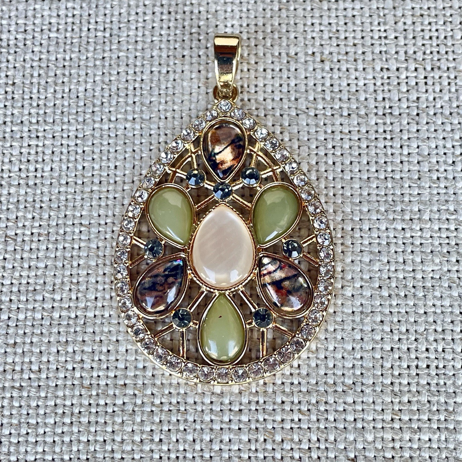 Vintage Gold Tone Teardrop Pendant Pink Moonglow Lucite Green Stone Rhinestones