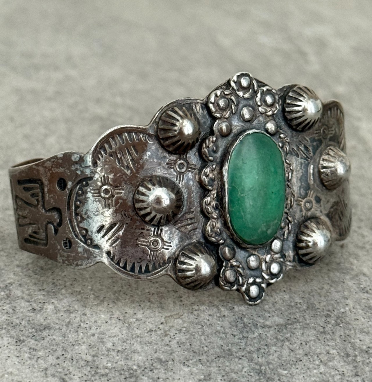 OLD FRED HARVEY era Navajo THUNDERBIRD Turquoise Sterling Bracelet 37+g 7.1 in