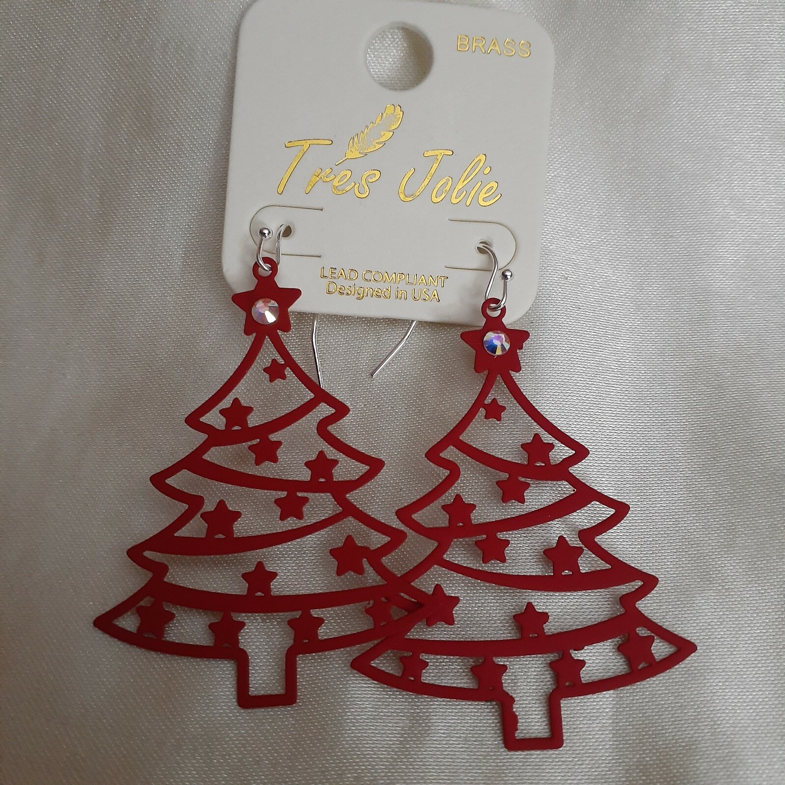Holiday Tree Red Dangle Earrings Christmas AB Crystal Metal Cut Out Lightweight