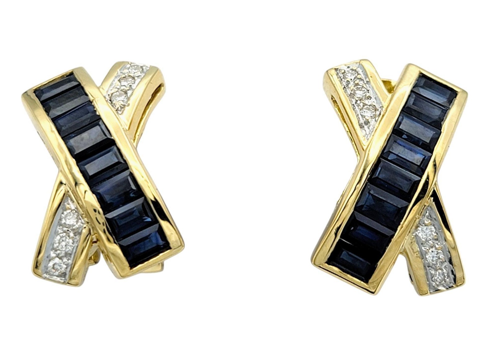 Le Vian Blue Sapphire and Diamond ‘X’ Omega Back Earrings 18 Karat Yellow Gold