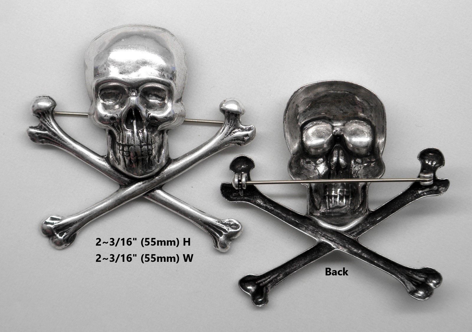 #2077P X-LRG ANTIQUED .925 STERLING SILVER PLATED SKULL/CROSS BONES PIN