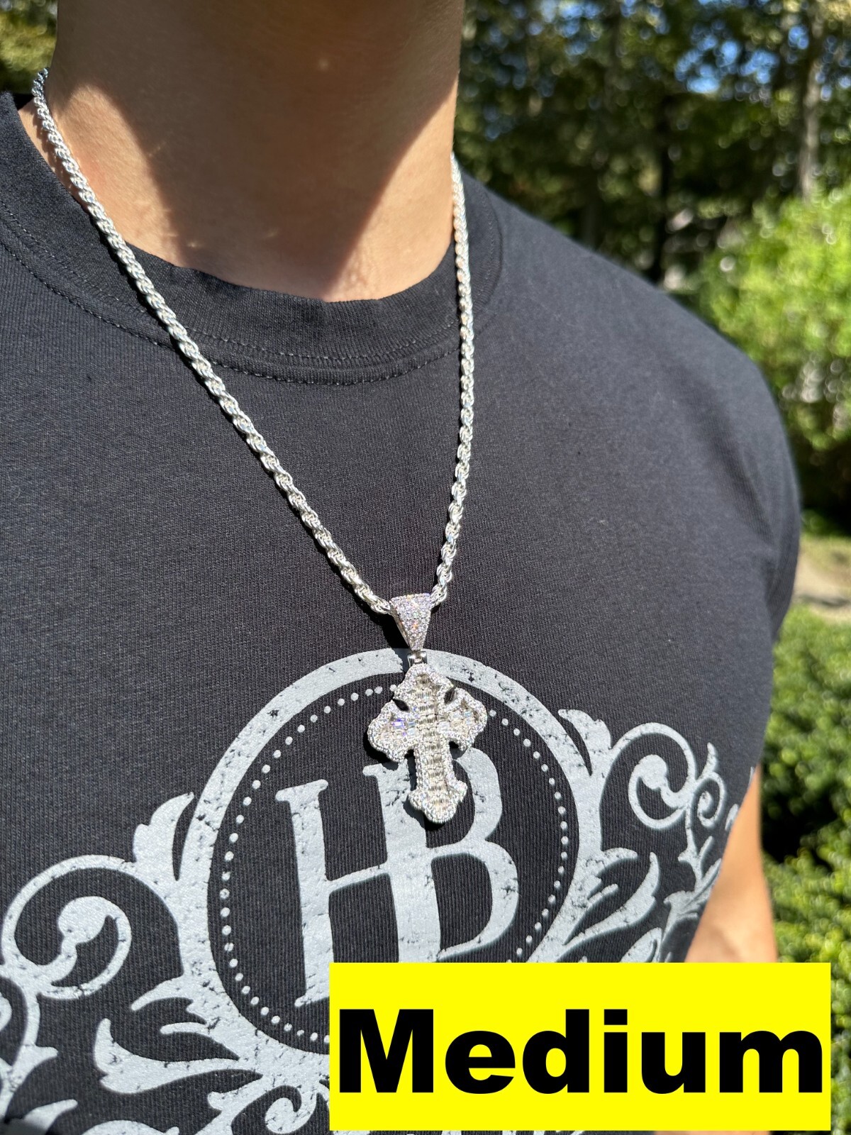 MOISSANITE Gothic Cross Pendant Iced Baguette Necklace Real 925 Silver – 3 Sizes