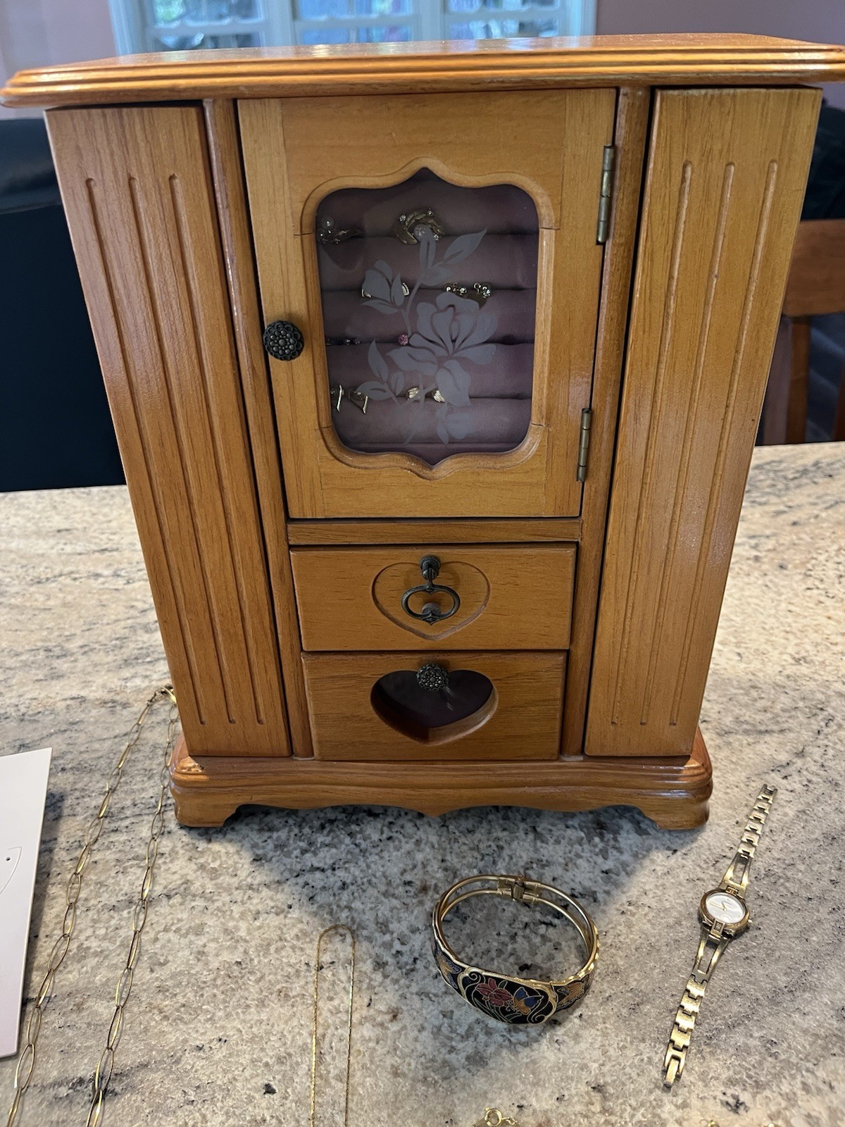 Vintage Wooden Table Top Armoire Style Jewelry Box & Gold Tone Jewelry Lot