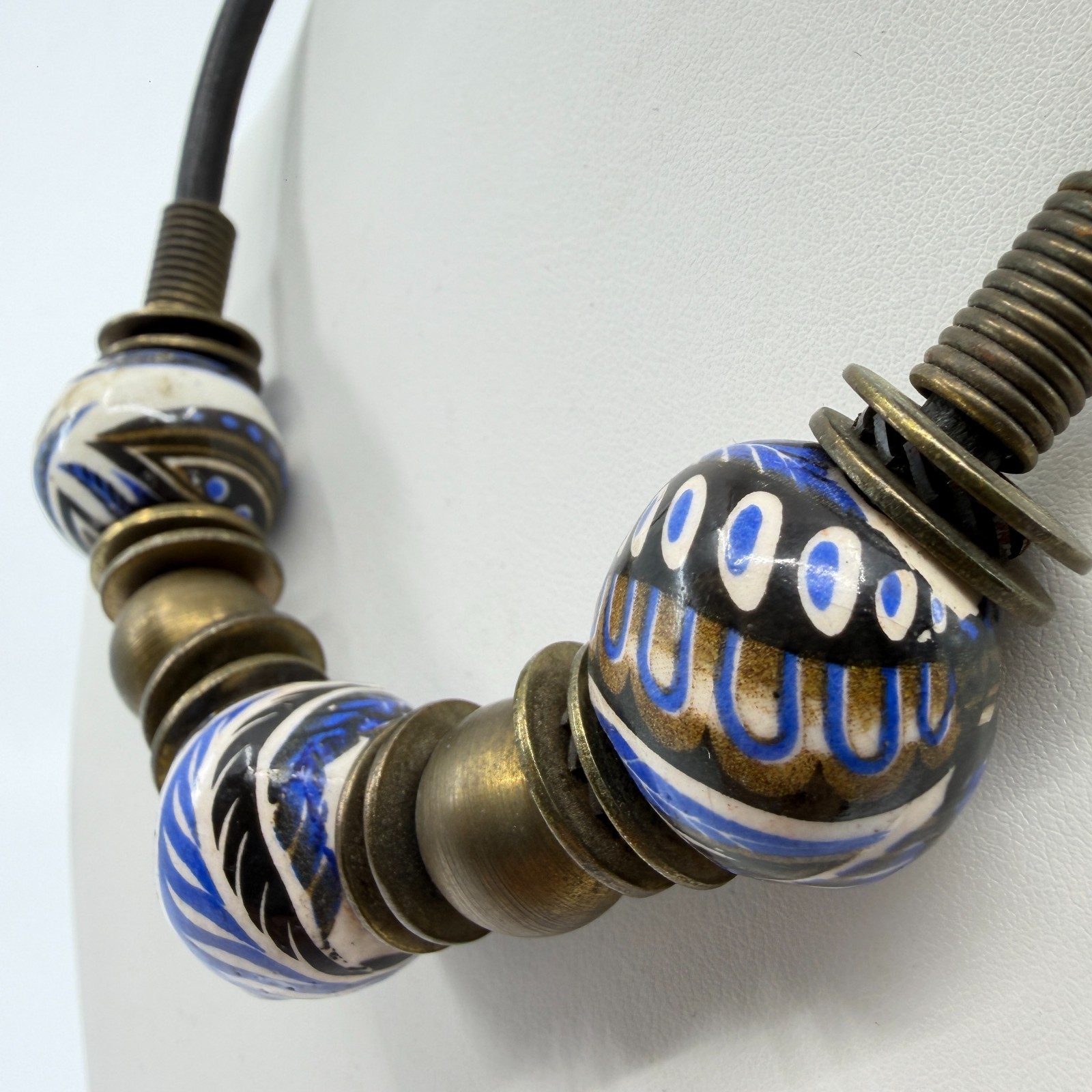 Boho Statement Necklace Blue White Ceramic Beads Leather Cord Artisan