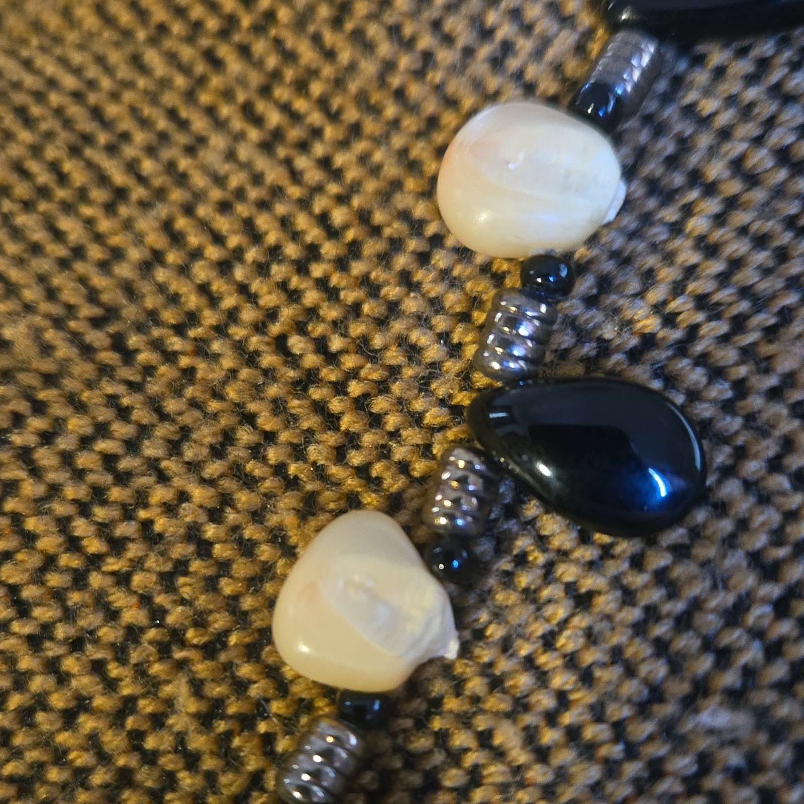 Silver Tone Black White Beaded Statement Necklace Cable Chain Adjustable Lobster