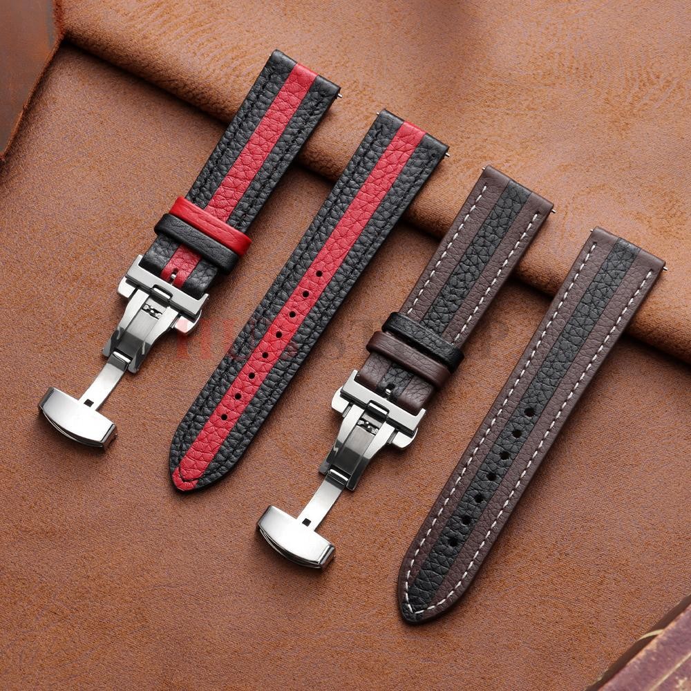 Genuine Calfskin Leather Watch Strap 20mm 22mm For Omega Seiko Butterfly Buckle