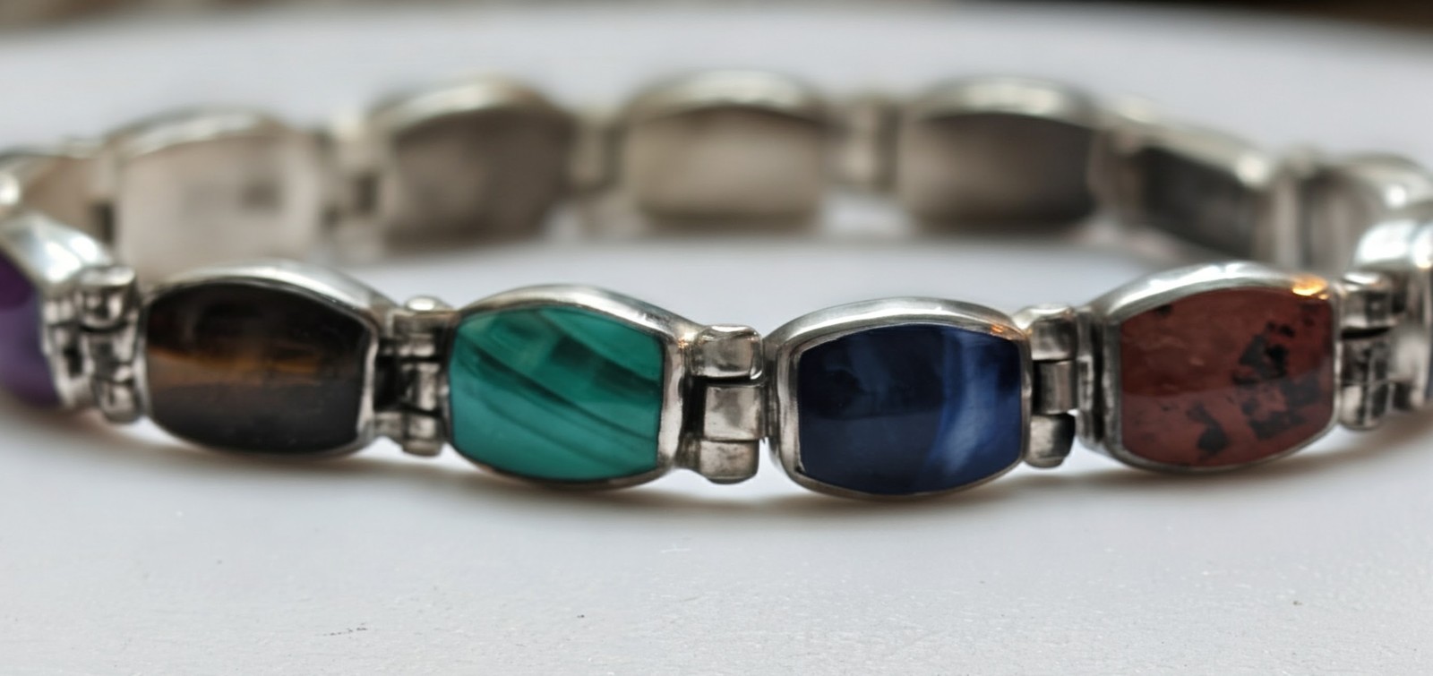 Vintage Taxco Mexico 950 Silver Multi Stone Inlay Link Bracelet 7.5″ 27.6g TJ-88