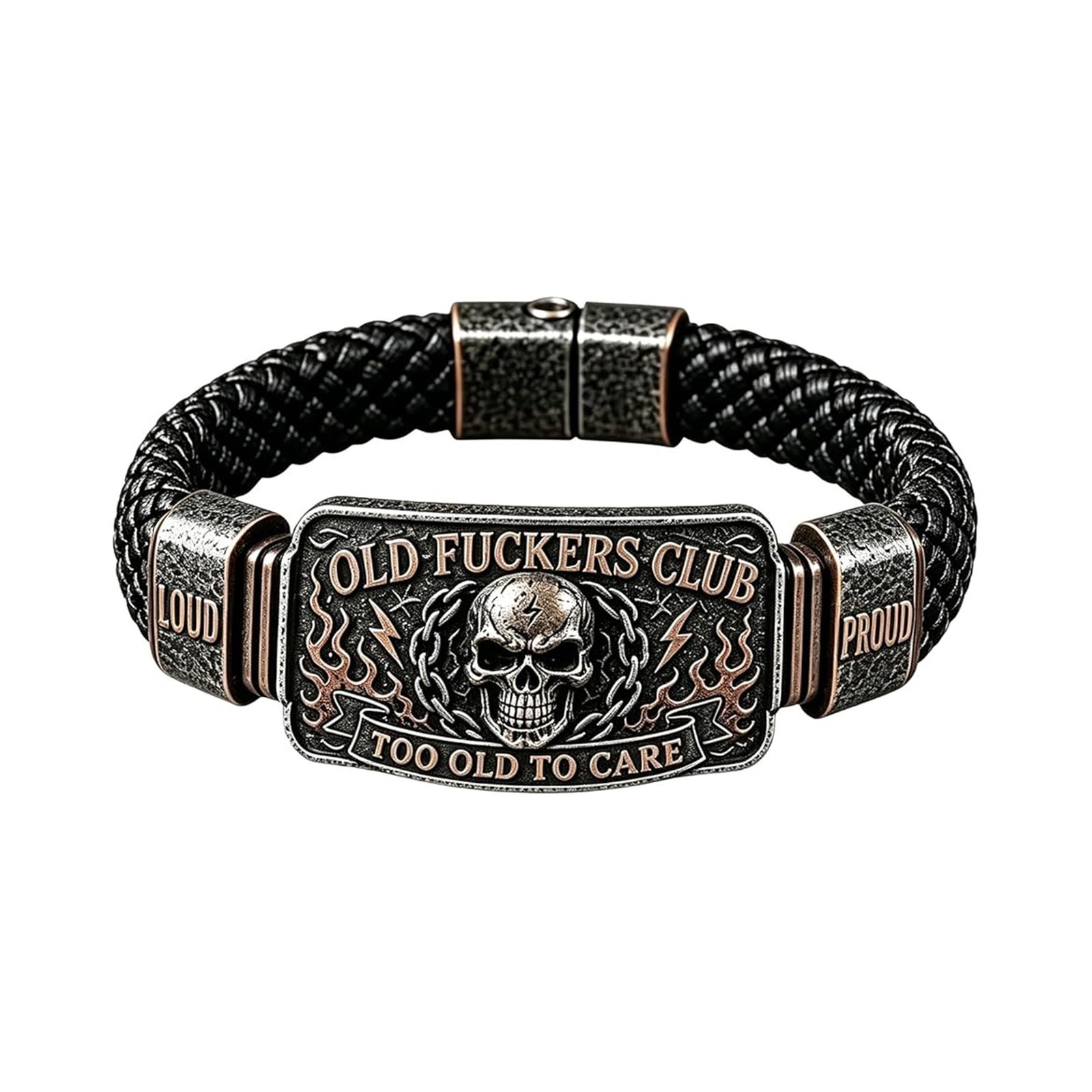 Old Fokers Club Skull Flame Biker Braided Bracelet, Gift for Dad Biker Men