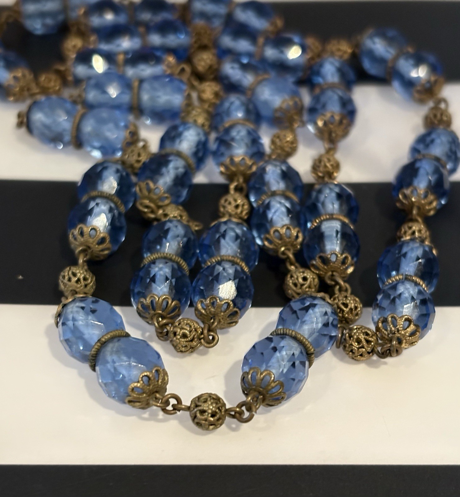Antique Art Deco Blue Czech Glass & Brass Filigree 34 Inch Necklace 20s-30s