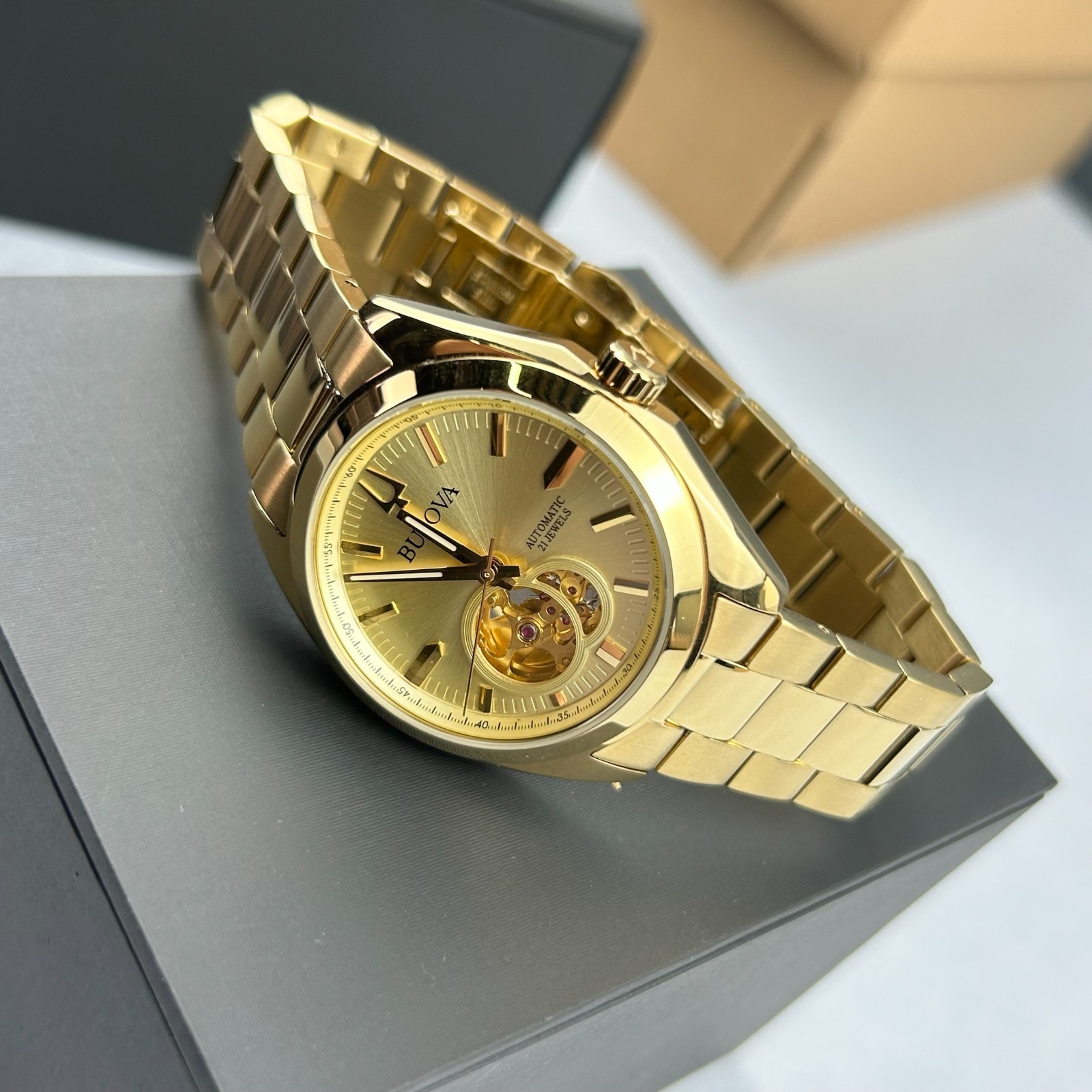 Bulova Men’s 97A182 Surveyor Champagne Dial Gold Stainless Steel Automatic Watch