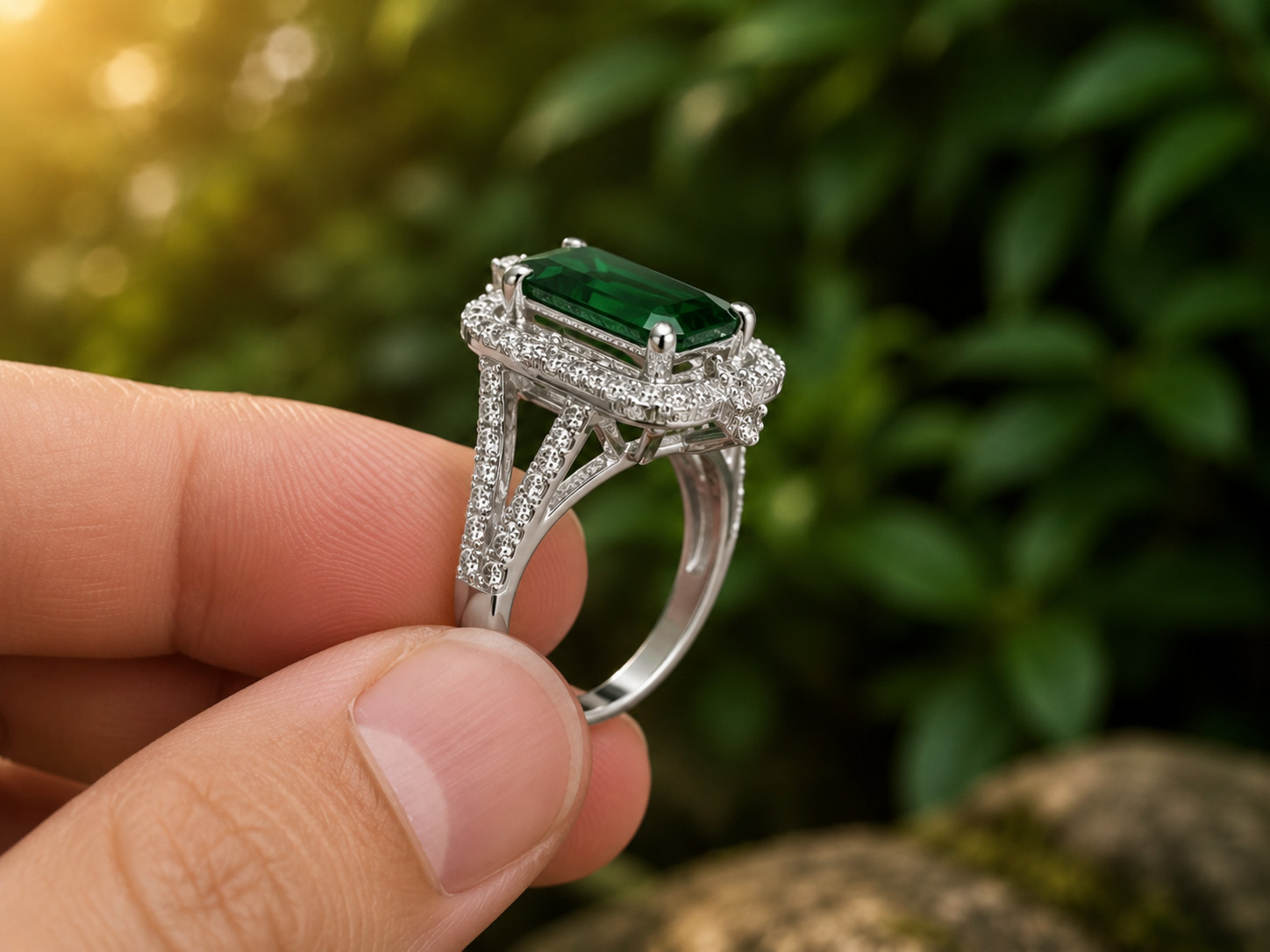 4Ct Lab Created Green Emerald Halo Engagement Wedding Ring 14k White Gold Plated