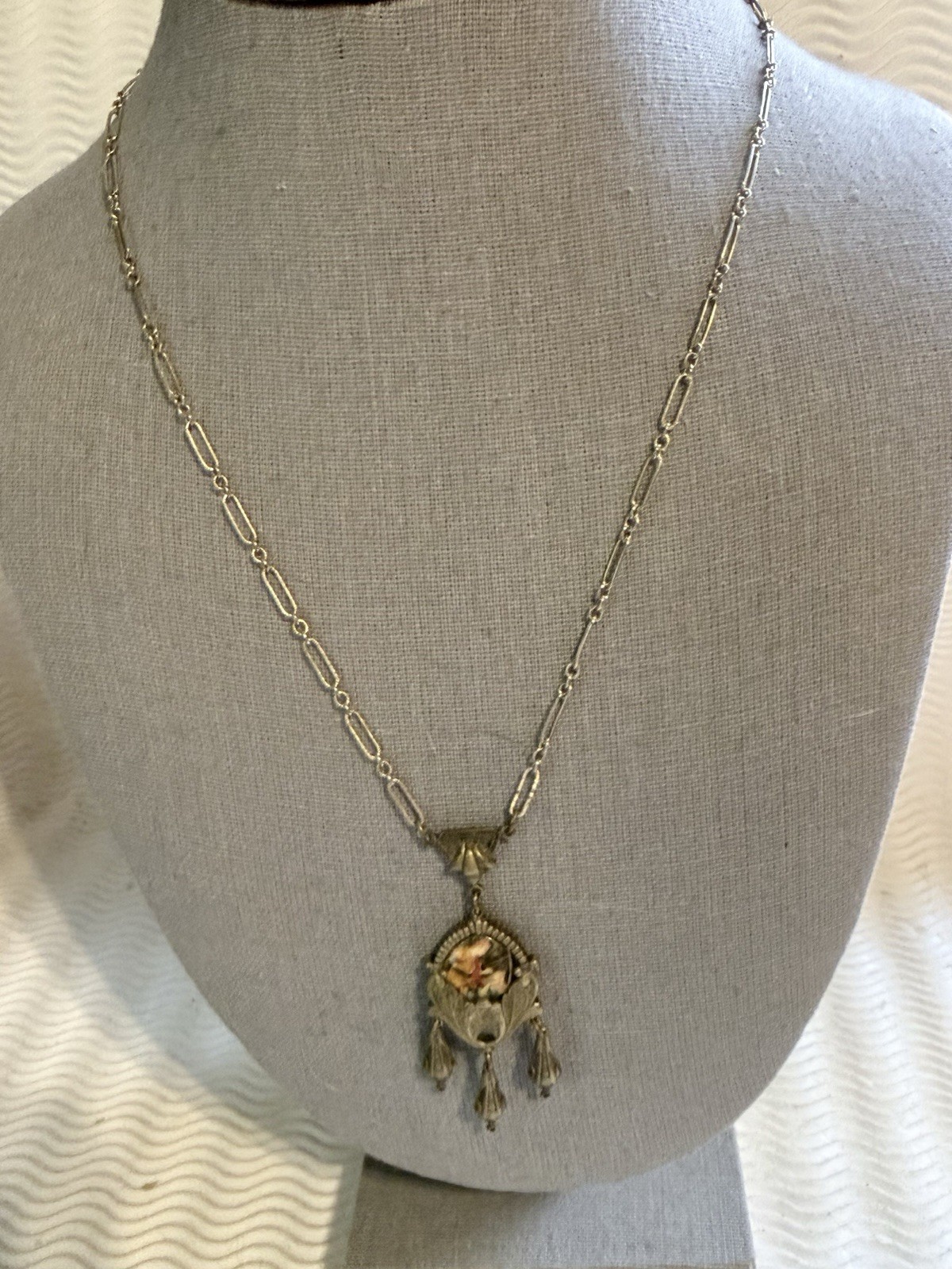 Vintage Brass Necklace Painted Porcelain Scene Pendant Art Nouveau Barrel Clasp