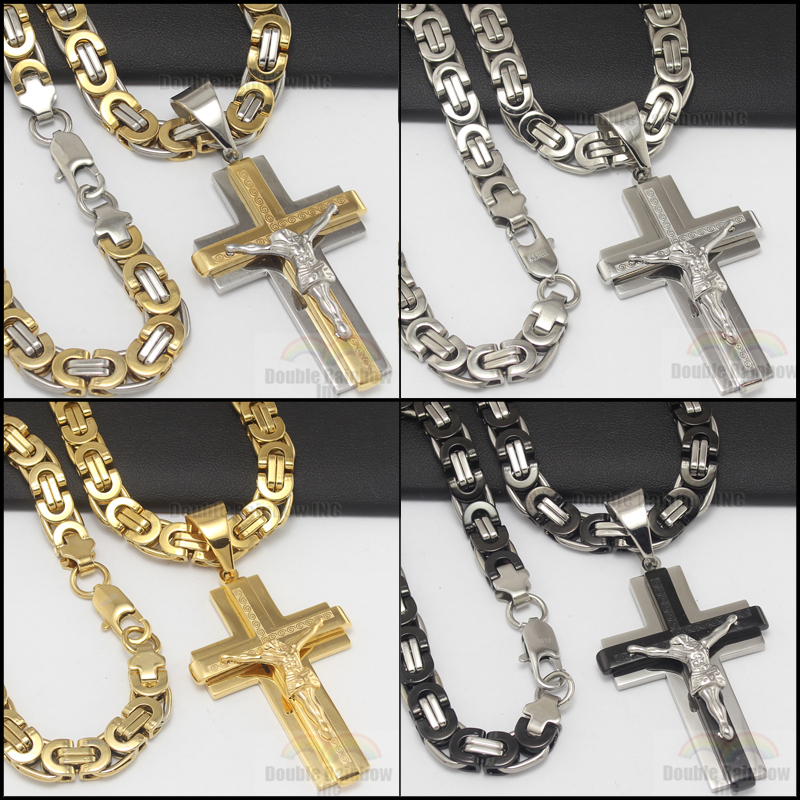 P4 24″men stainless steel Gold Silver Black jesus cross pendant chain necklace