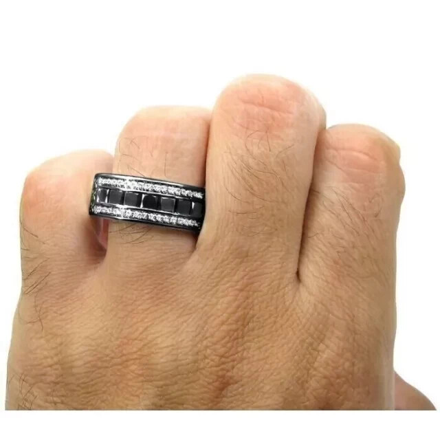 2Ct Princess Lab Created Black Diamond Men’s Wedding Band 14K Black Gold Plated
