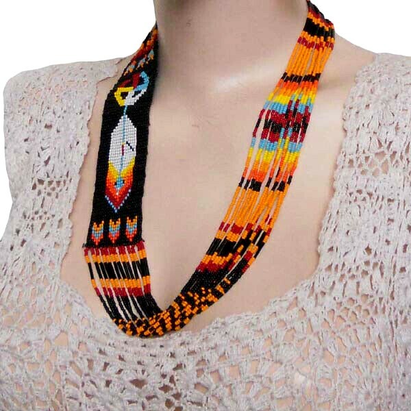 HANDCRAFTED NATIVE STYLE FEATHER MULTI-COLOR BEADED NECKLACE EARRINGS S53/7