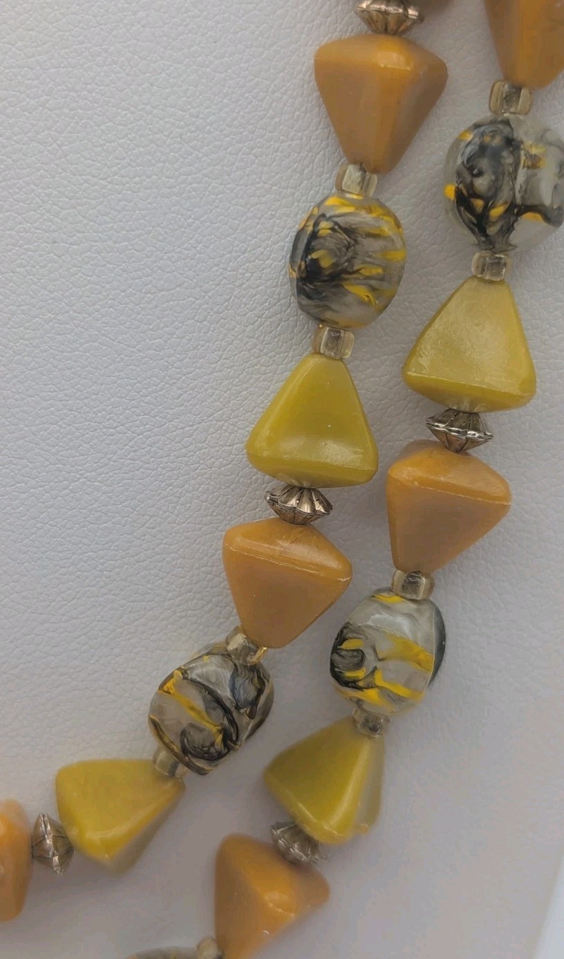 48 Inch Bead Necklace Acrylic Yellow Orange & Marbled Black Gray