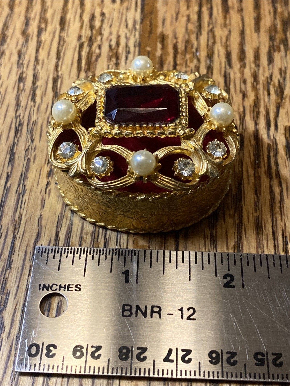 Jewelry Trinket Box Oval Faux Pearls Faux Gems Goldtone Red Velvet Lined Hinged