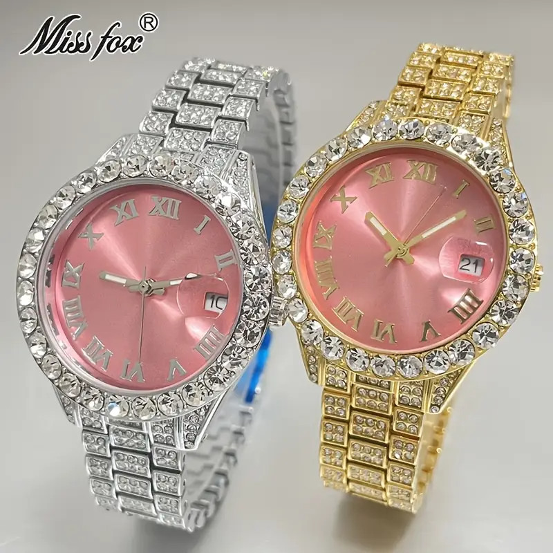 Hip Hop Luxury Ice out Women’s Watch Lady Iced Bling Silver Pink Diamond Jewelry