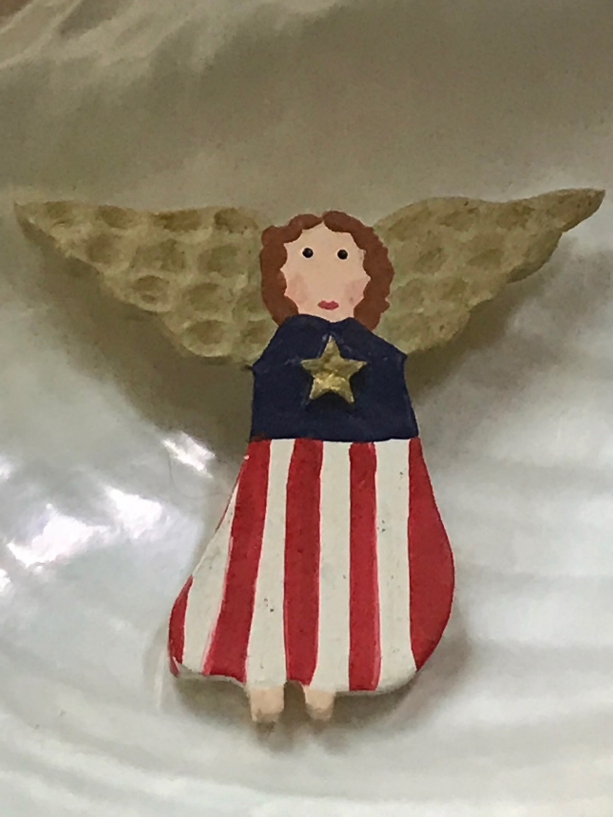 Estate Painted Wood or Resin Red White & Blue Patriotic ANGEL Holiday Pin Brooch