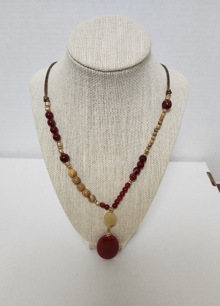 Ashley Cooper Multi Strand String Beaded Necklace with Semi-Precious Stone Red