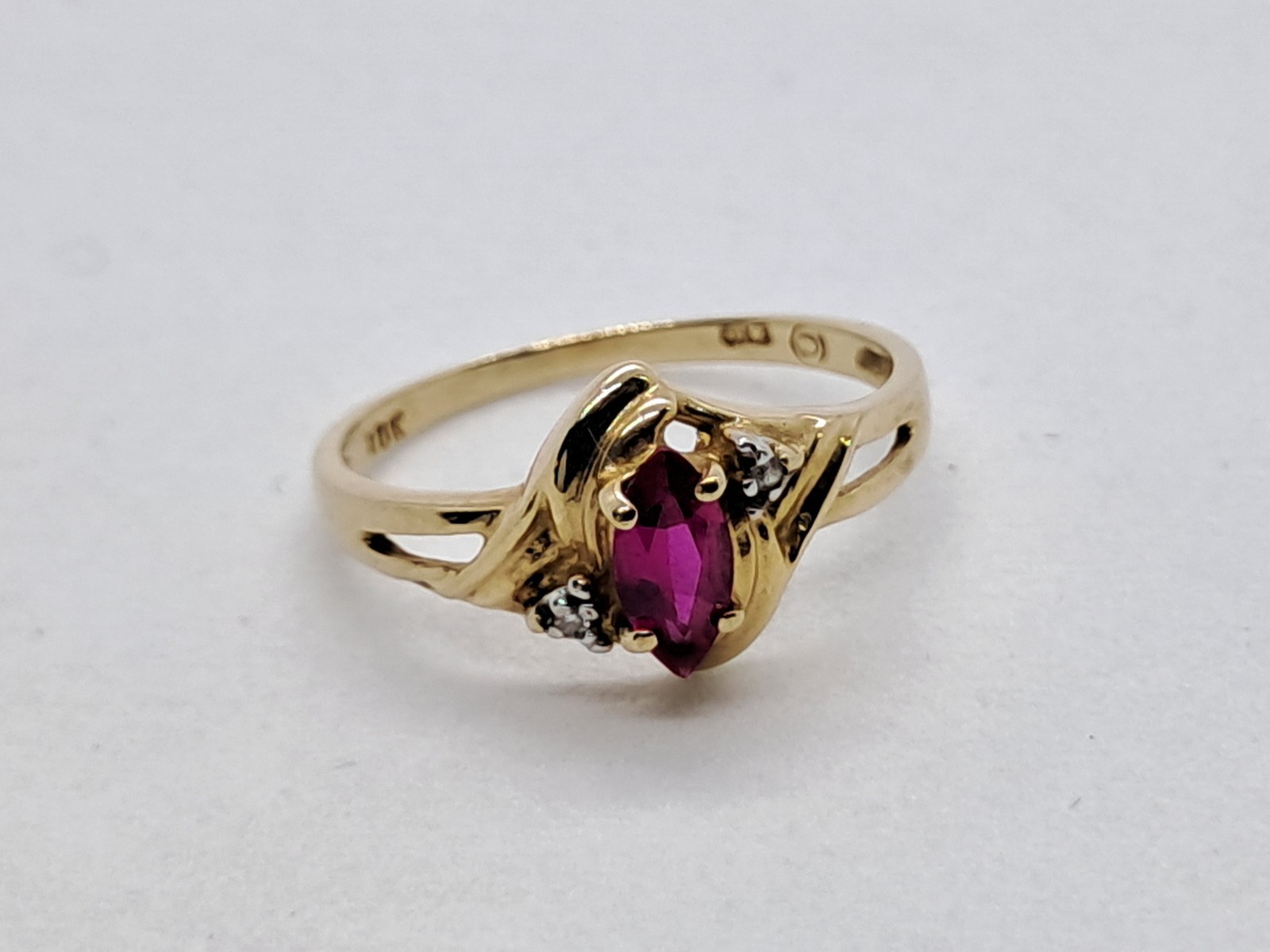 Dainty Victorian Style Marquise Ruby Ring 10K Solid Yellow Gold Natural Diamonds