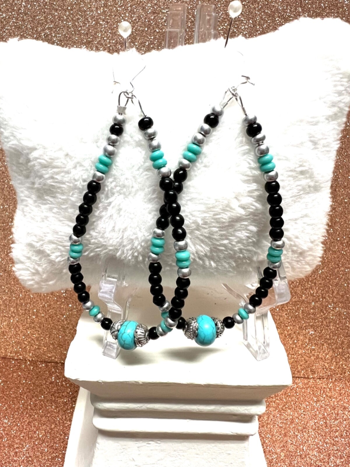 Black Seed Bead Teardrop Sterling Earrings W Turquoise Roundelle Beads 3 3/4 In