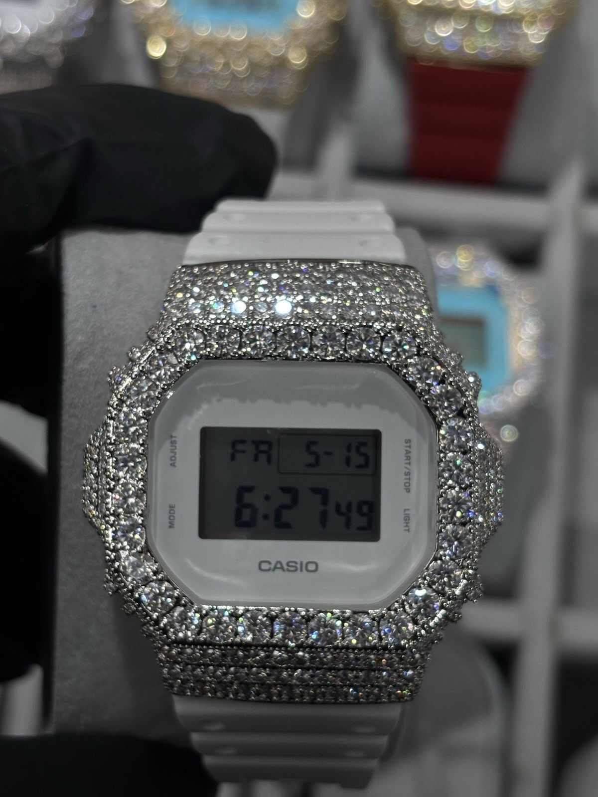 Casio G-SHOCK Digital Quartz LCD Watch White Resin Band Silver Iced Bezel 200m
