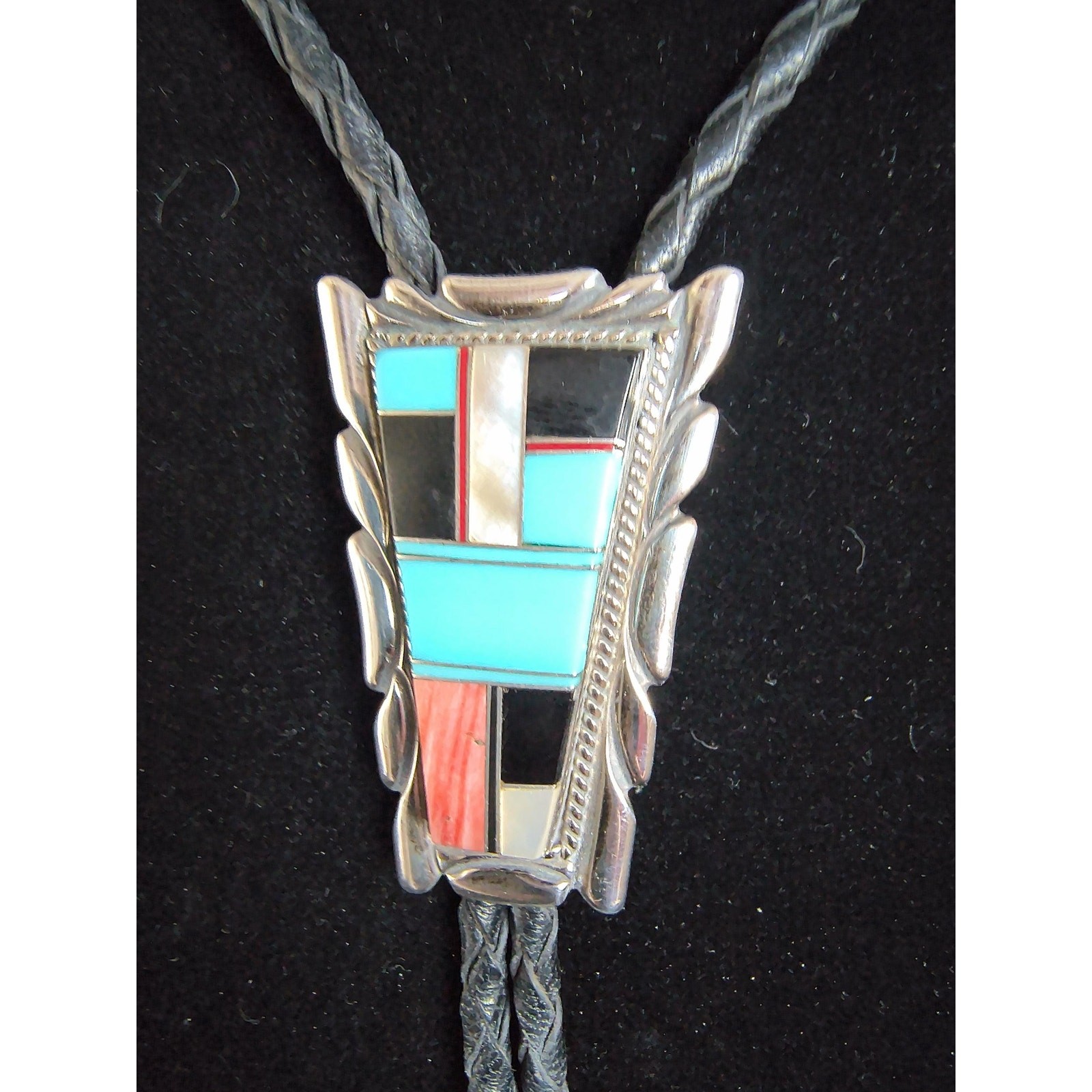 Old Sterling Silver Inlay Bolo Tie – Turquoise, Onyx, MOP & Spiny Oyster