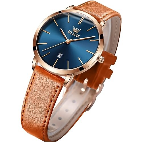 Women’s Watches for Ladies Navy Blue dial & Rose gold bezel & Brown band