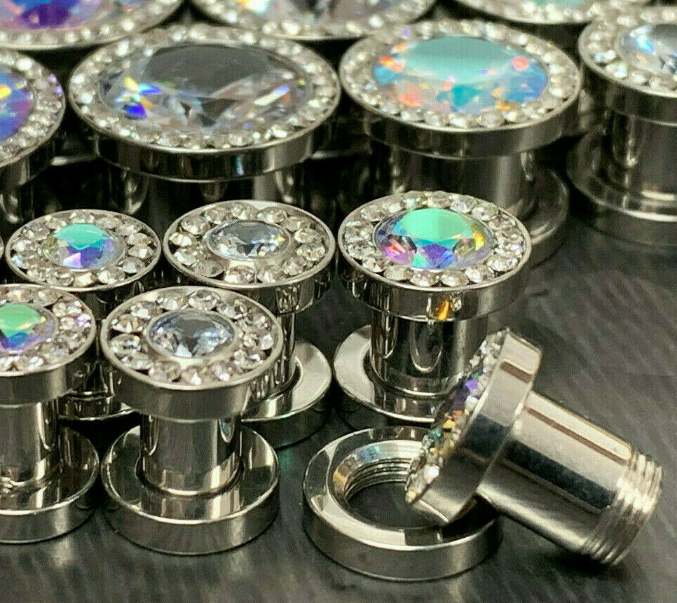 PAIR Large CZ Gem Rimmed 316L Surgical Steel Screw Fit Plugs Tunnels Gauges