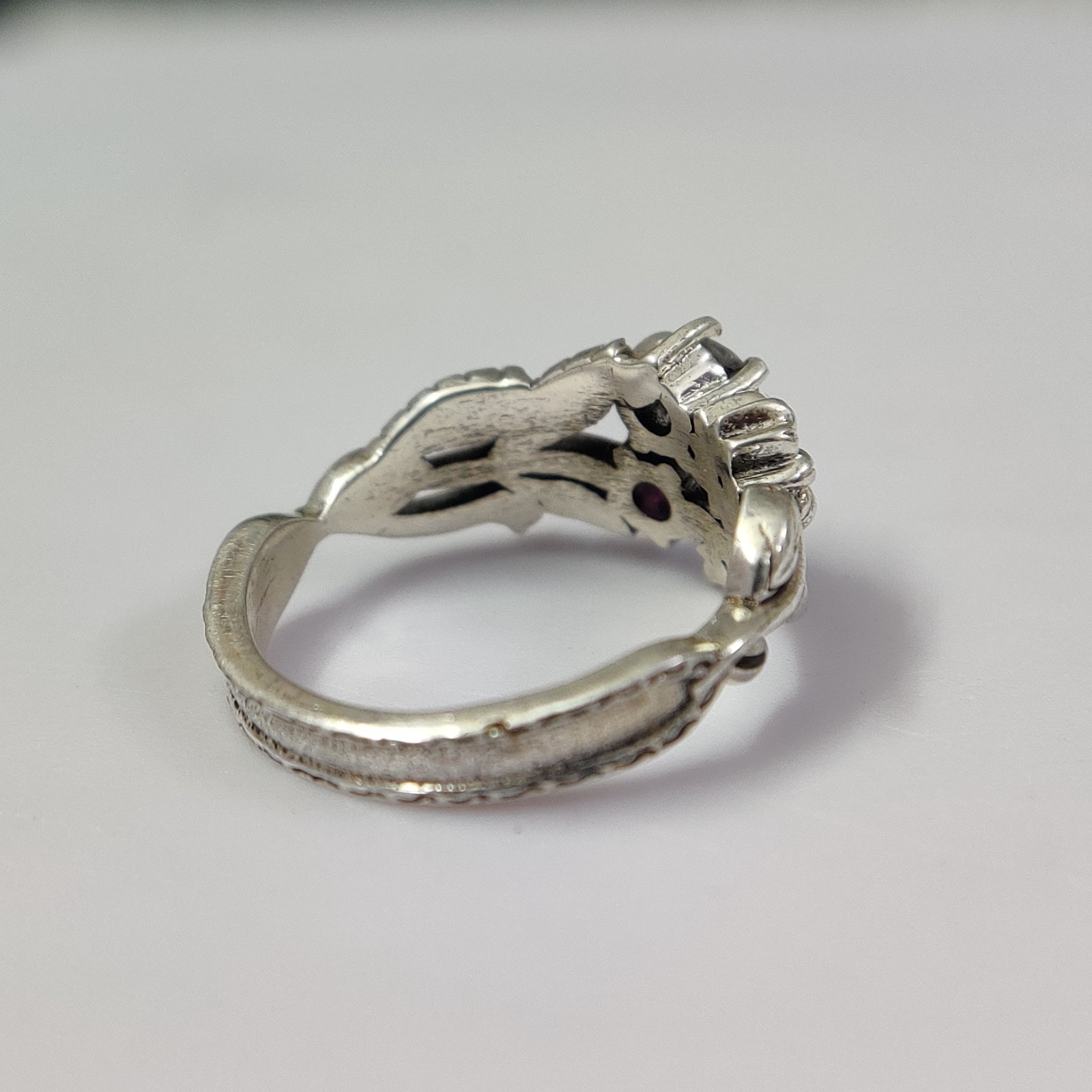 Nature Garnet Rainbow Moonstone 925 Silver Leaf Vine Floral Ring Wedding Band