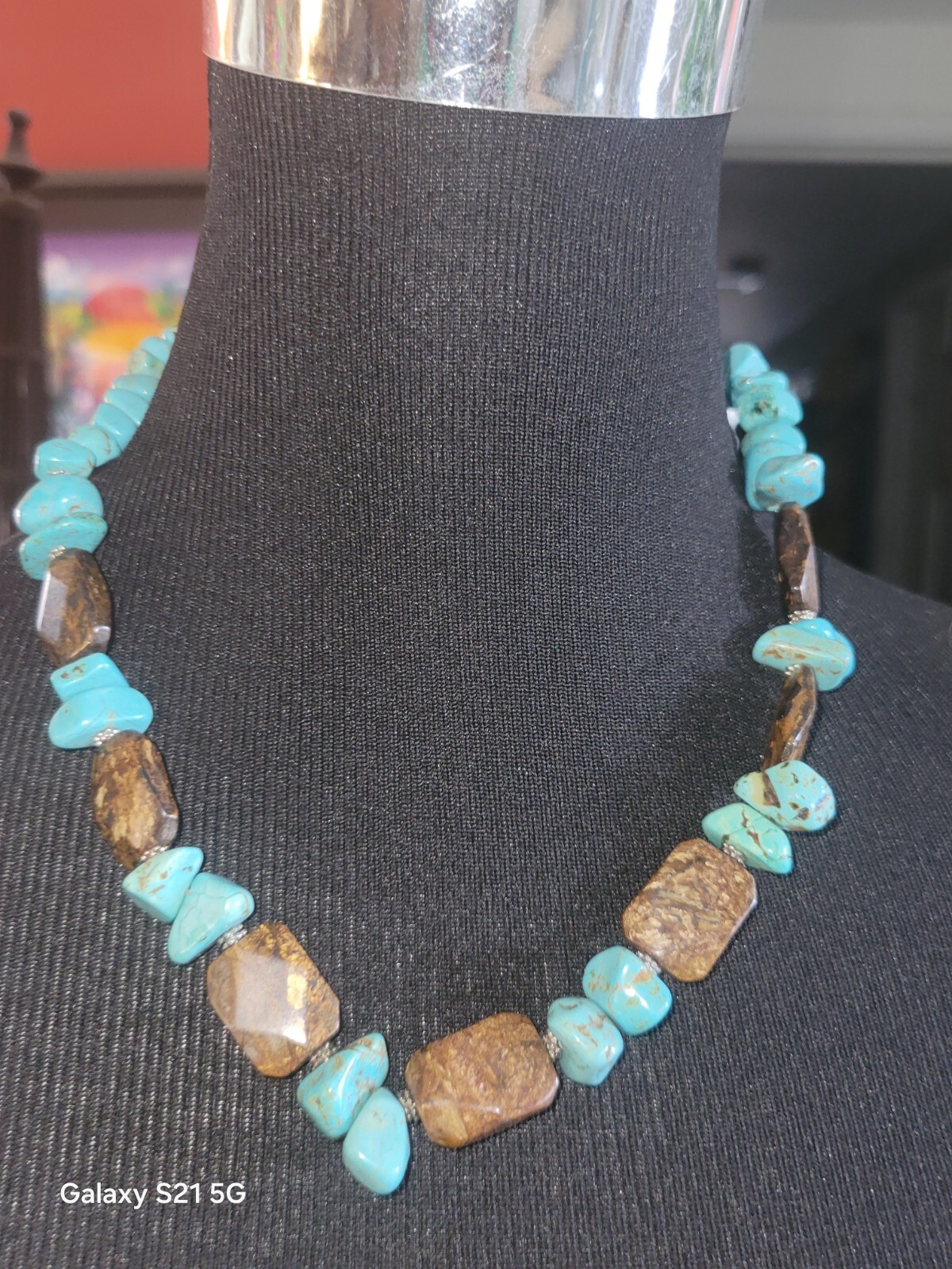 Turquoise-Bronzite Necklace 20″ Long Boho Chic Artisan Made Adjustable OOAK