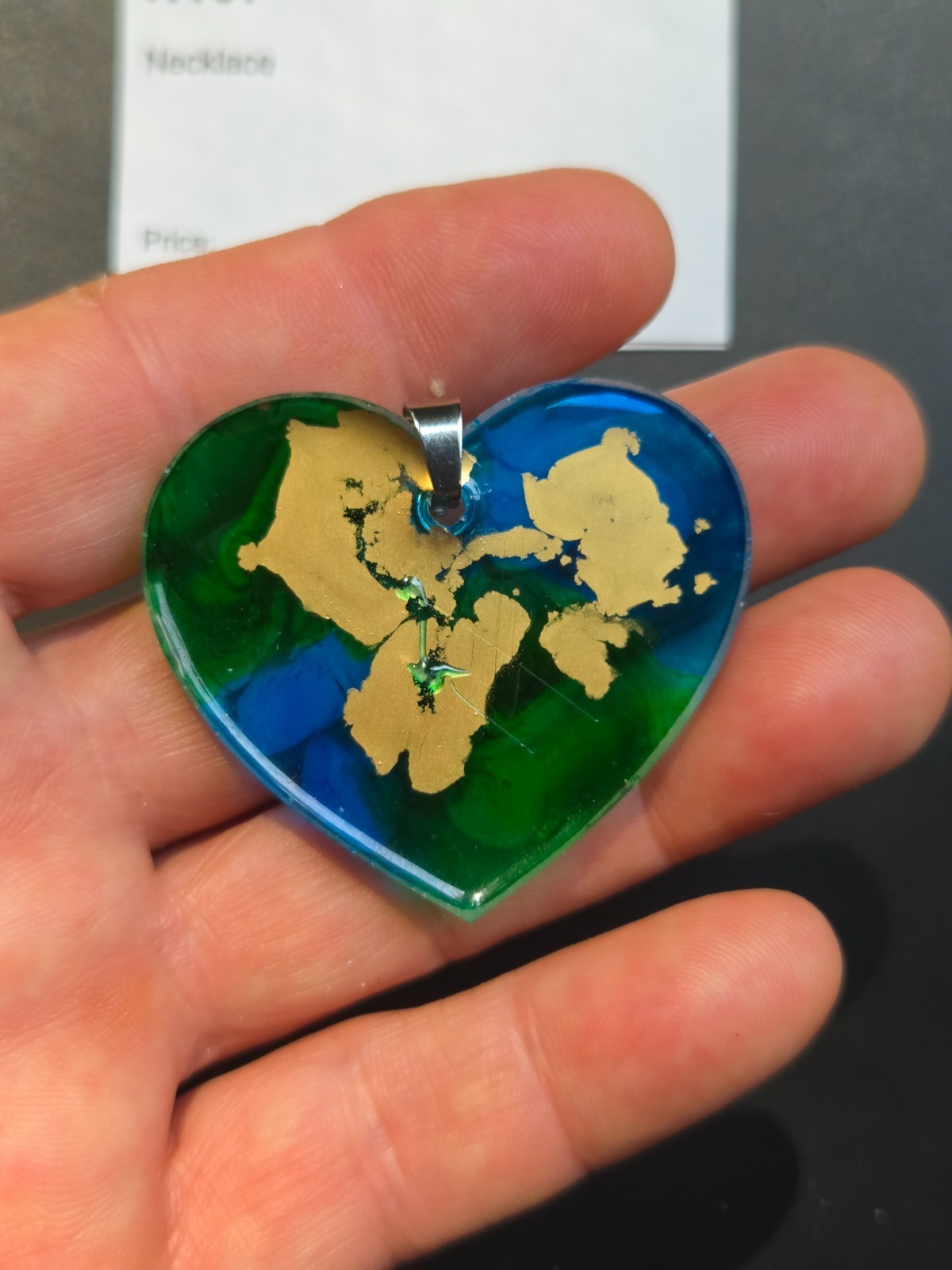 Holographic Nebula Heart Pendant Necklace Blue Green Gold OOAK N107