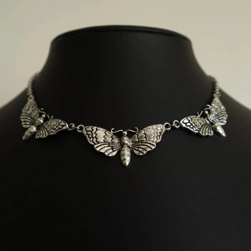 Punk Style Gold Metal Vintage Skeleton Moth Pendant Necklace Unisex Everyday