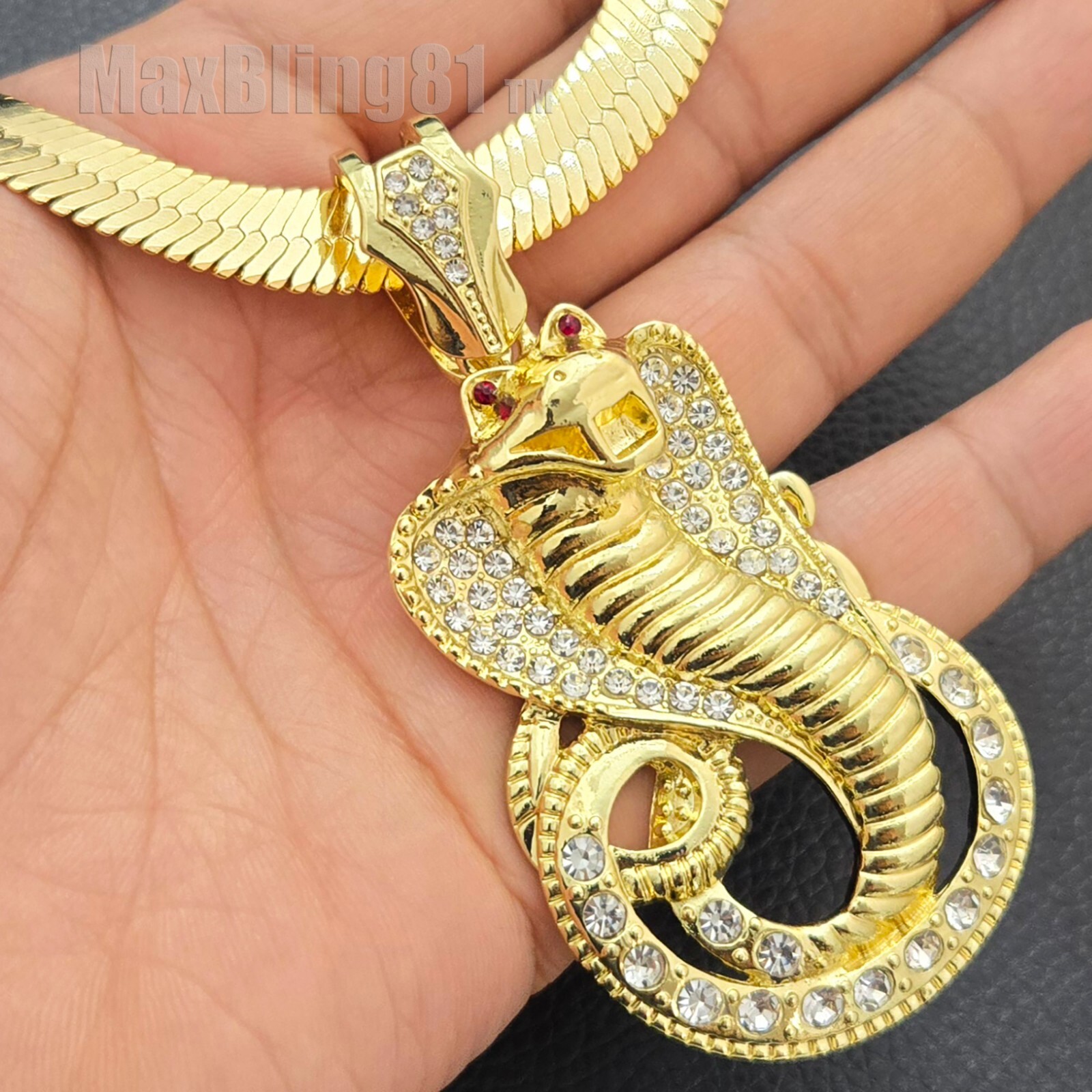 Hip Hop Iced Cobra Snake CZ Large Pendant & 10mm 20″ Herringbone Chain Necklace