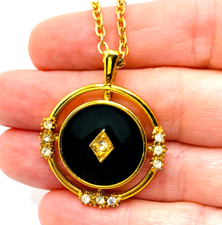Vtg Gold Crown Inc Gold Tone Black Enamel Rhinestone Deco Rev. Pendant Necklace