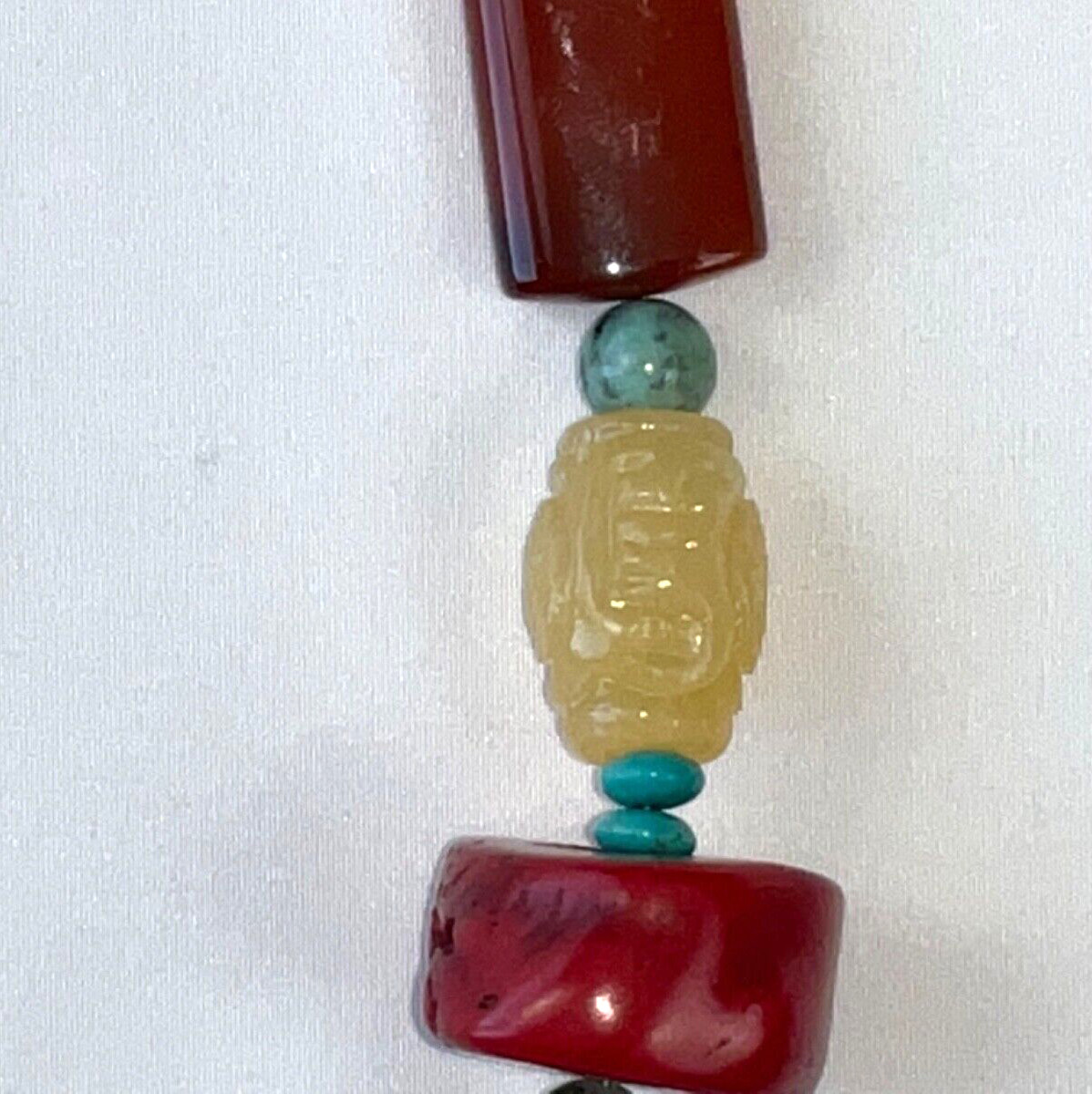 Beautiful Buddha Carved Bead Artisan STATEMENT NECKLACE Coral Turquoise Amber