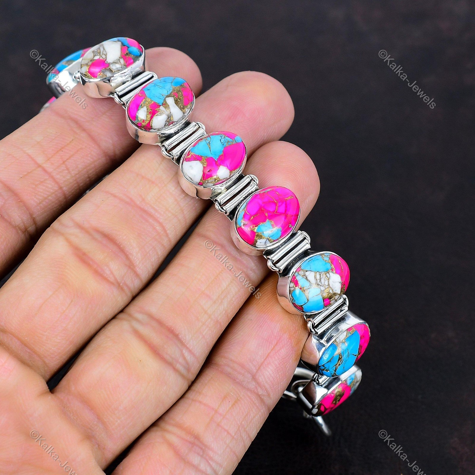 Cotton Candy Turquoise Gemstone Bracelet 925 Sterling Silver Adjustable Bracelet